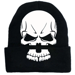 Black knit beanie with white skull print for winter outdoor streetwear style