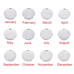 Polished silver stainless steel pendants set with engraved birth month floral patterns
