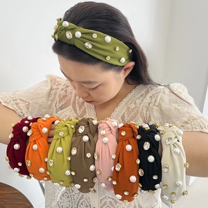 Knot Design Fabric Headband With Faux Artificial Pearls And Sparkling Rhinestones Elegant Wide Hair Hoop For Women
