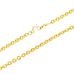 Elegant gold necklace with textured round links and S-hook clasp on white background
