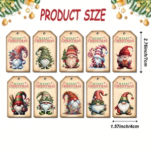Size guide for 50pcs Christmas gnome gift tags featuring ten unique festive tree designs