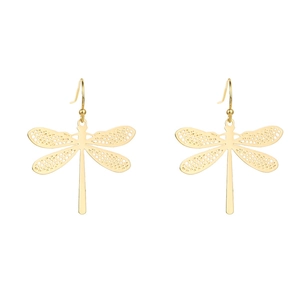 Elegant gold dragonfly hollow drop earrings with intricate mesh wings on white background