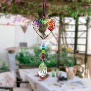 Chakra heart Tree of Life crystal suncatcher with colorful stones and metal wings