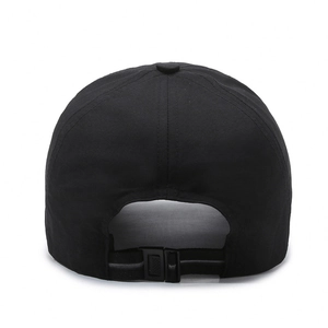 Rear view of black quick-dry outdoor baseball cap with adjustable buckle and breathable fabric