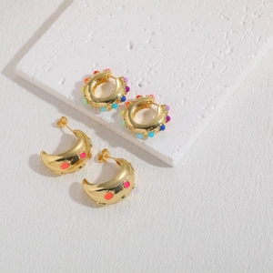 Bohemian 14K gold plated earrings featuring colorful beads and dotted hoop design