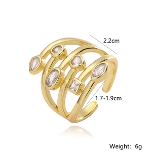 Detail view of 18K gold plated multi-layer ring with diverse zircon shapes and size markings