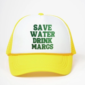 Yellow and white mesh trucker hat with Save Water Drink Margs text in high quality