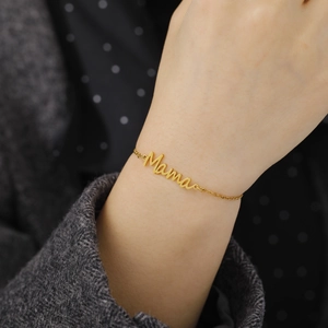 Elegant gold stainless steel bead chain bracelet with a handwritten Mama letter charm