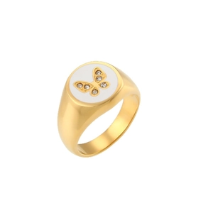 18K gold plated stainless steel ring with white round face and zircon butterfly detail