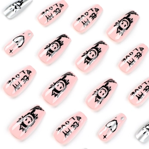 Pink and silver coffin press-on nails featuring black graffiti and heart patterns