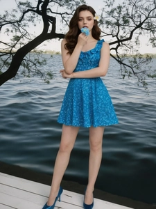 French vintage blue floral sleeveless dress with ruffled V-neck and ruffled hem design