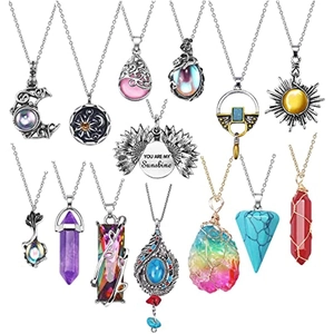 Set of bohemian necklaces with moon, sun, sunflower and natural stone crystal pendants