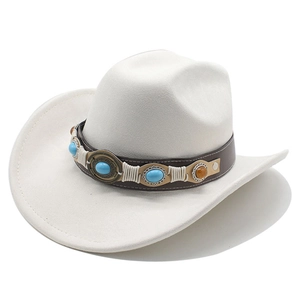 Detail of cream felt cowboy hat with turquoise and yellow gemstones on a leather band