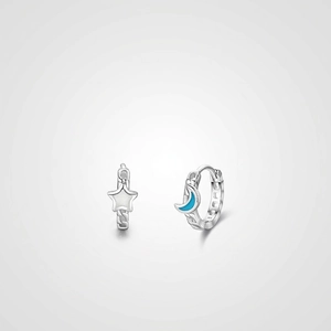 Asymmetric Star And Moon Hoop Earrings 925 Sterling Silver With Blue Enamel For Women