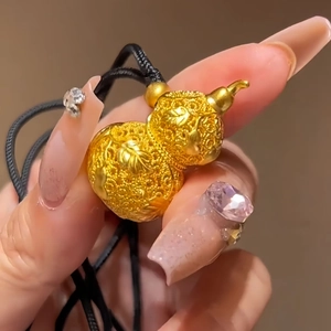 Hollow Gourd Pendant Necklace 24K Gold Plated Copper Wu Lou Carved Filigree Jewelry With Braided Rope For Women Vintage