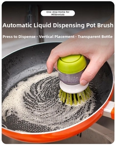 Detailed view of an automatic soap dispensing brush cleaning a non-stick frying pan