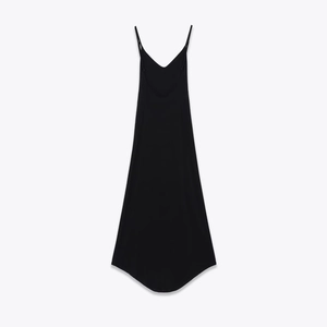 Elegant black backless maxi dress with adjustable thin straps and a curved hemline