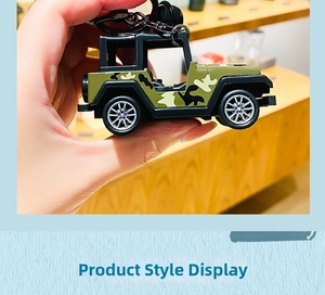 Detail showing camouflage jeep keychain with a black frame and silver wheels