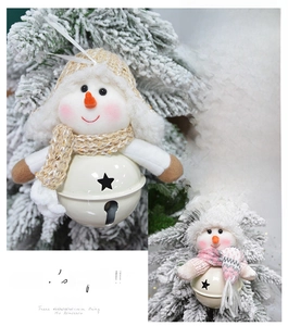 Detail of plush snowman Christmas bell ornament with knitted hat and star cutouts