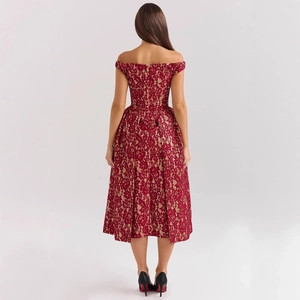 Robe midi élégante en dentelle rouge à épaules dénudées avec fermeture éclair au dos