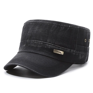 Classic black washed denim flat top military cap with metal air holes and side branding