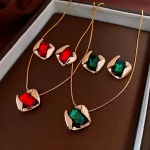 Retro titanium steel diamond necklace and earring sets with red and green gemstones
