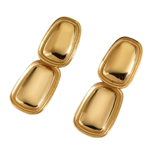 Minimalist gold rectangular drop earrings with a polished stainless steel finish