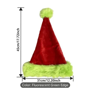 Red and neon green velvet Christmas hat in Grinch style, sized 45x31cm for party decor