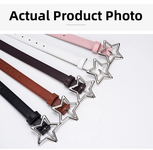 Detail showing five colored PU leather belts with silver star-shaped metal buckles