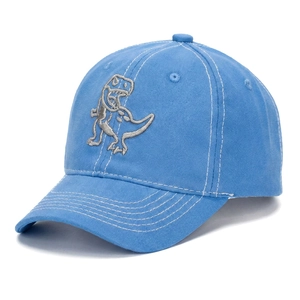 High-quality close-up of blue children's dinosaur baseball cap with gray dinosaur embroidery