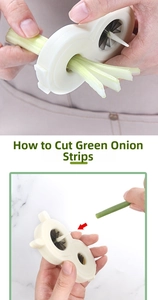 Macro detail of stainless steel blades cutting green onions into uniform thin shreds