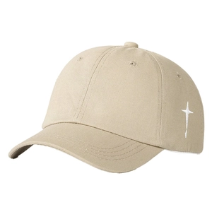 Classic beige cotton baseball cap with white cross embroidery and six-panel design