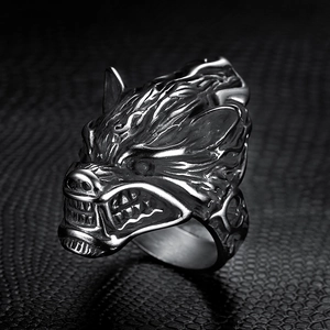Wolf Head Ring Stainless Steel Viking Punk Biker Vintage Silver Black Carved Animal Statement Jewelry For Men Boys