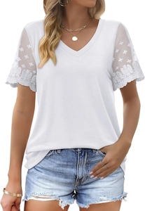 Detail of white V-neck T-shirt showing delicate floral embroidery on lace mesh sleeves