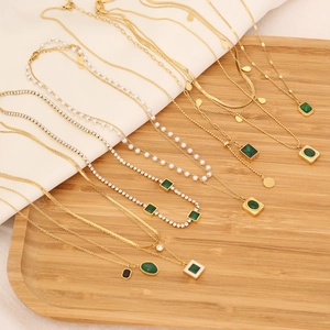 Stainless Steel Necklace Emerald Green Zircon Pendant Layered Snake Chain Elegant Chic Jewelry For Women
