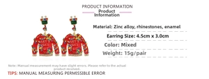 Detail of Christmas sweater earrings with colorful rhinestones and Let's Get Lit text