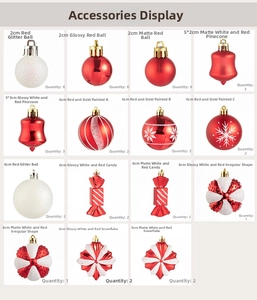 Detail showing red and white Christmas ornaments including matte balls and candy shapes