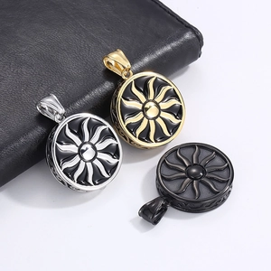 Collier hip hop pour homme avec pendentif soleil en acier inoxydable or, argent et noir
