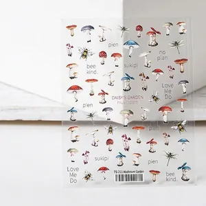 Stickers à ongles 5D jardin de champignons avec abeilles sur fond blanc minimaliste