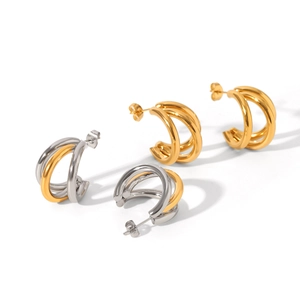 Three-layer linear stainless steel C-shaped earrings in gold and silver mixed tones