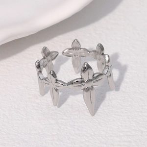 Minimalist stainless steel open leaf ring with vintage floral cross pattern and silver finish
