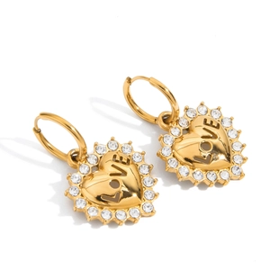 18K gold plated stainless steel heart earrings with LOVE engraving and white crystals