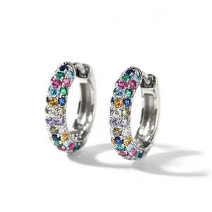 Rainbow cubic zirconia hoop earrings in silver metal with multi-color stones