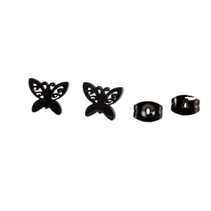 Minimalist matte black butterfly stud earrings with hollowed-out wings and metal backings