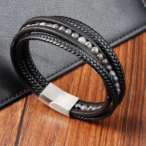 Men's double-layered braided black leather bracelet with natural stone beads and silver clasp