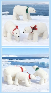 Detailed view of white plush polar bears in different sizes with festive scarves
