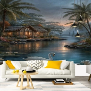 Detailansicht eines tropischen Seepanorama-Wandteppichs mit Palmen in einem modernen Wohnzimmer