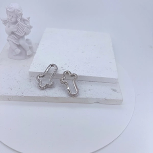 Micro-paved clover earrings in silver finish on white stone with angel statue