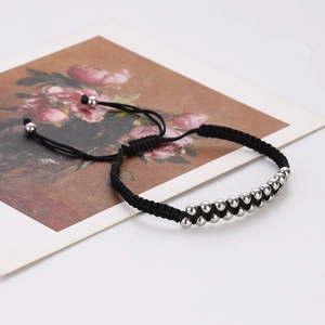 Hip hop black braided double-layer bracelet with polished silver copper beads