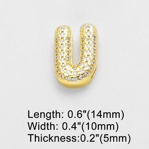 Macro shot of gold letter U pendant with cubic zirconia and detailed size measurements
